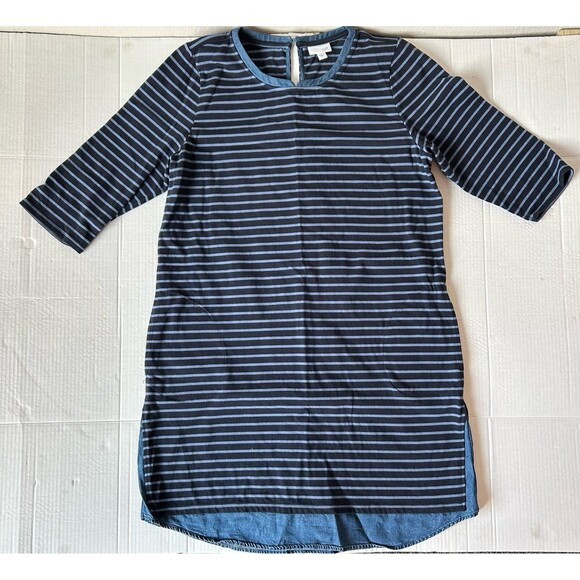 J Jill T Shirt Dress Tunic Size L Blue Striped 3/4 Sleeve Crew Neck Hand Pockets - Picture 1 of 8